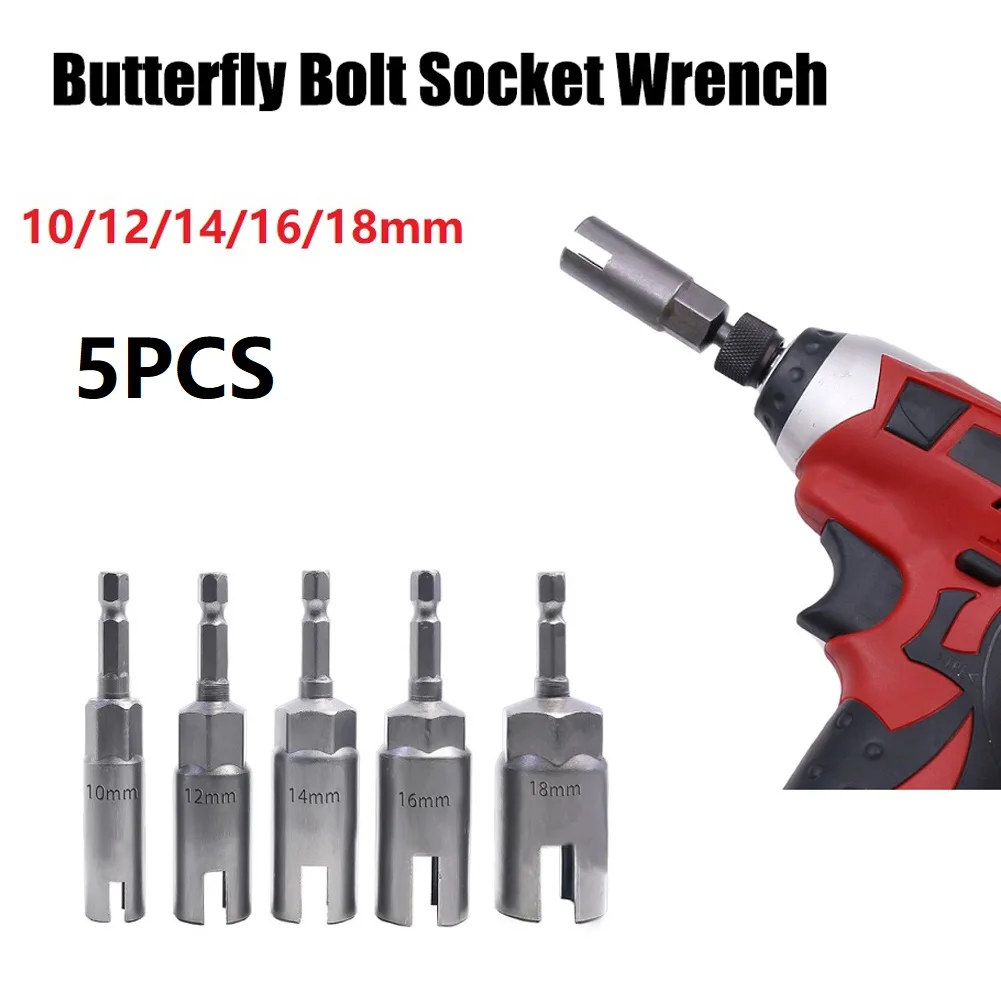 

5 Pcs Socket Adapter 12-18mm Wing Nut Driver Slot Butterfly Bolt Socket Sleeve Wrench Screwdriver Hex Shank Electrical Wrench