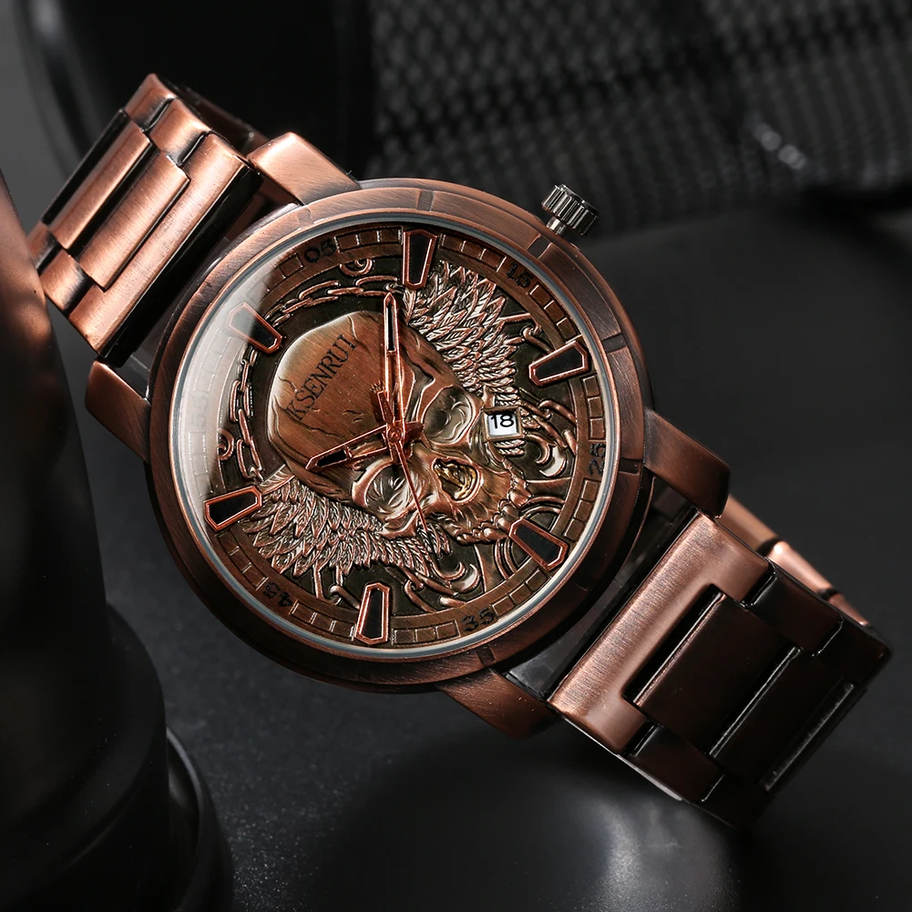 

Red Copper Watch Men Vintage Watch Quartz Movement Personalized Relief Design Calendar Steel Band Alloy Case Folding Buckle