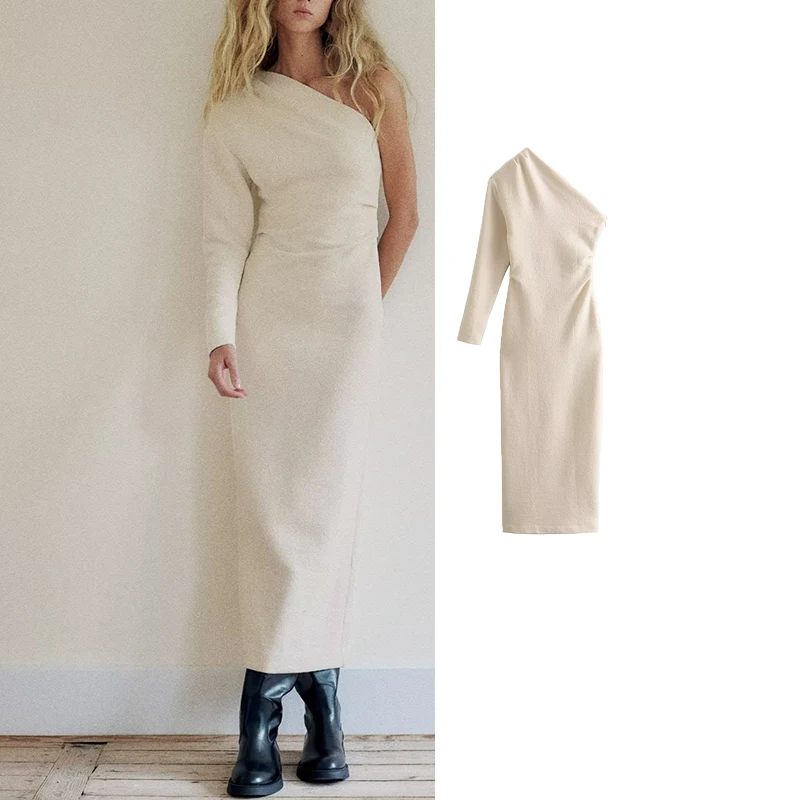 

Платье-миди женское асимметричное на одно плечо с рукавом