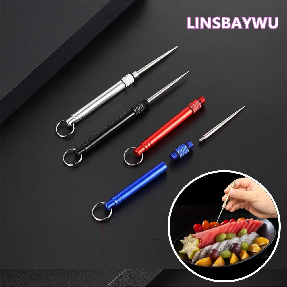 

LINSBAYWU Stainless Steel Toothpick Portable Titanium Metal Toothpick Holder Fruit Cake Dessert Fork Outdoor Travel Camping Tool