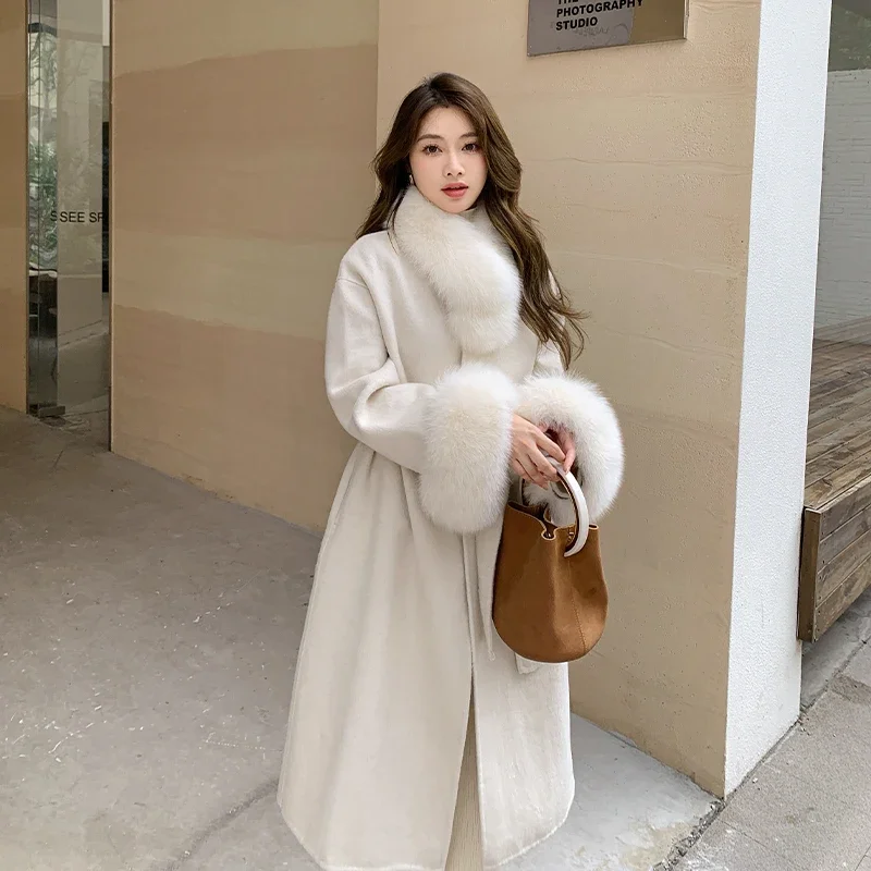 

Трендовое модное женское пальто из 2024 натурального Лисьего меха на манжетах, 100% шерстяное пальто из натурального Лисьего меха, AS220