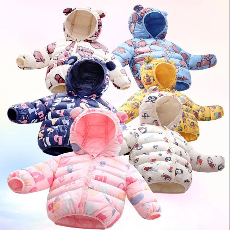 

Baby Boys Girls Winter Hooded Cotton Down Jacket Infant Toddler Cartoon Letter Coat Kids Spring Autumn Thin Zipper Outerwear