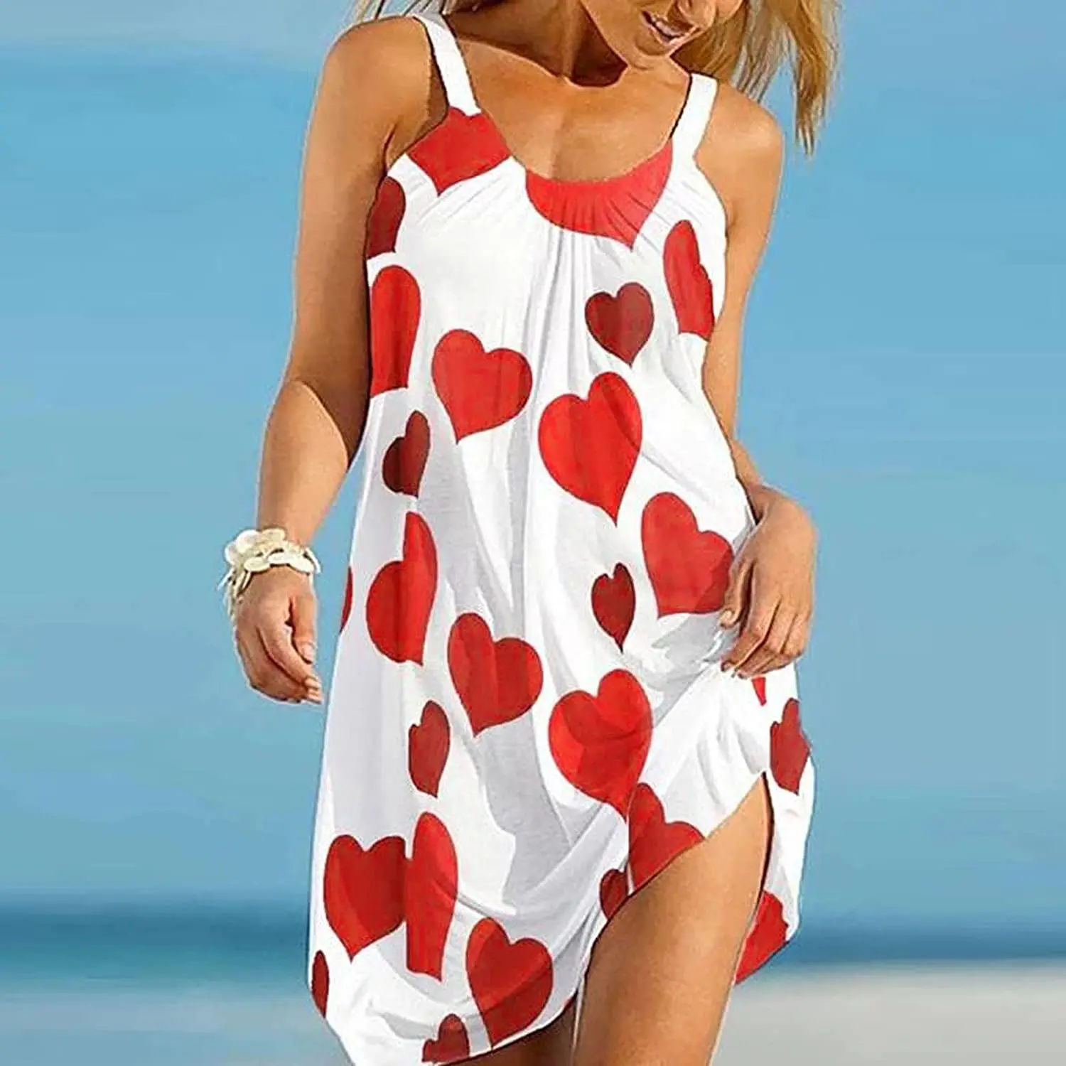 

Summer Women Dresses Red Heart 3d Printed Sleeveless Sexy Vintage Dress Loose Knee-Length Female Beachwear Oversized y2k Clothes