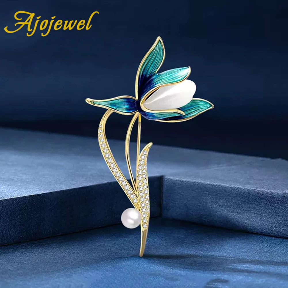 

Ajojewel 2023 Blue Orchid Flower Beautiful Brooches With Simulated-jade Pearl Brooch Rhinestone Jewelry Gifts For Women Bijoux