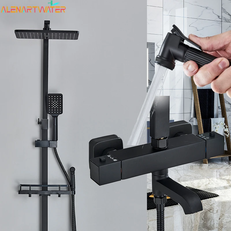 

Black Thermostatic Shower Faucet Set Rainfall Multiple Types Long Spout Bathtub Tap With High Spray Bathroom Fauct