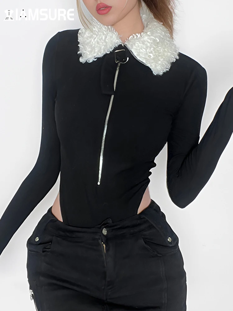 

IAMSURE Basic Patchwork Furry Collar Bodysuits Warm Slim Zipper Turn-Down Collar Long Sleeve Rompers Women 2023 Autumn Winter