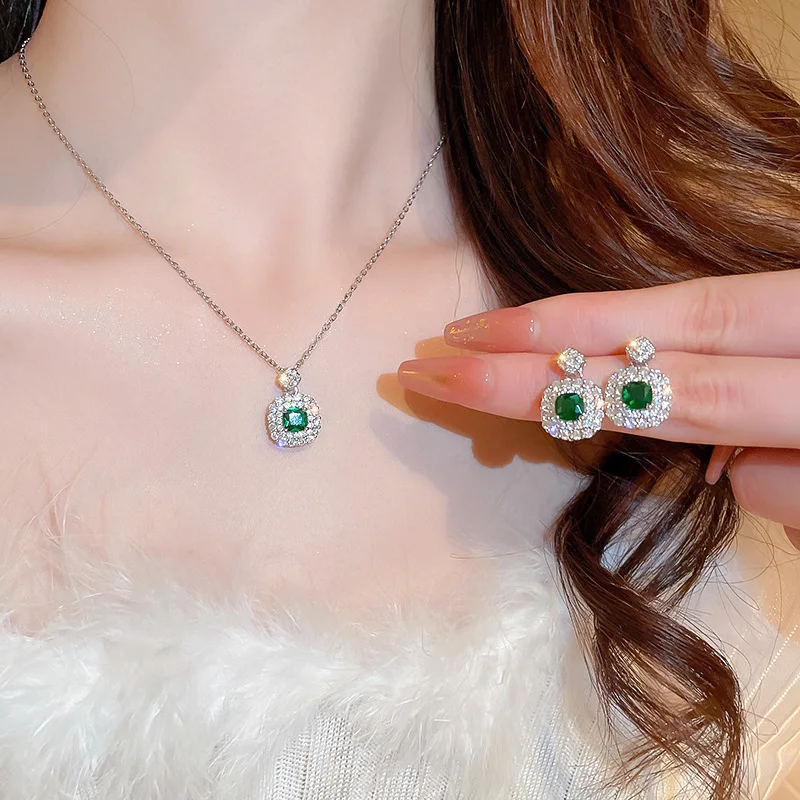 

Silver Needle Zircon Square Necklace Elegant Women's Earrings Korean Fashion Premium Jewelry