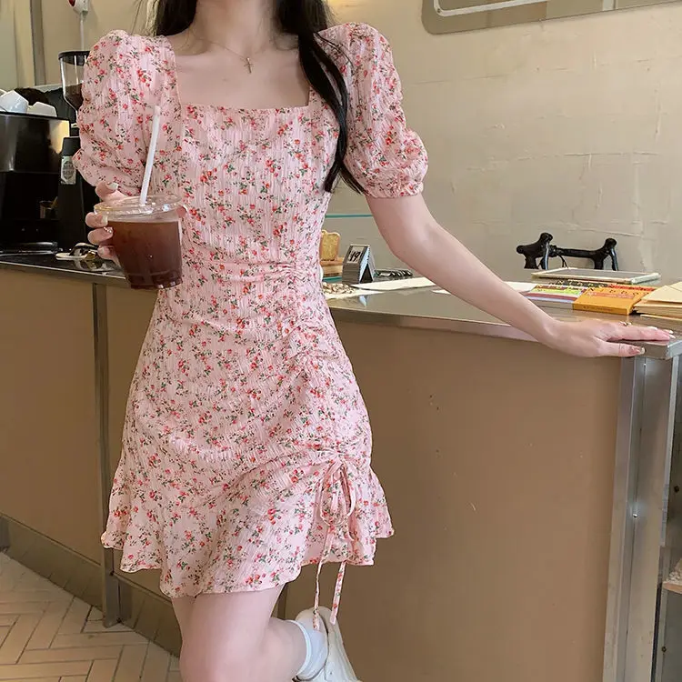 

French Floral Chic Dress Women 2022 Summer New Fashion Korean Gentle Style Puff Sleeves Temperament Slimming Dress Trend