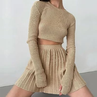2022 new solid knitted dress sets women sexy long sleeve skinny cropped sweater and pleated mini skirt y2k two piece set outfits
