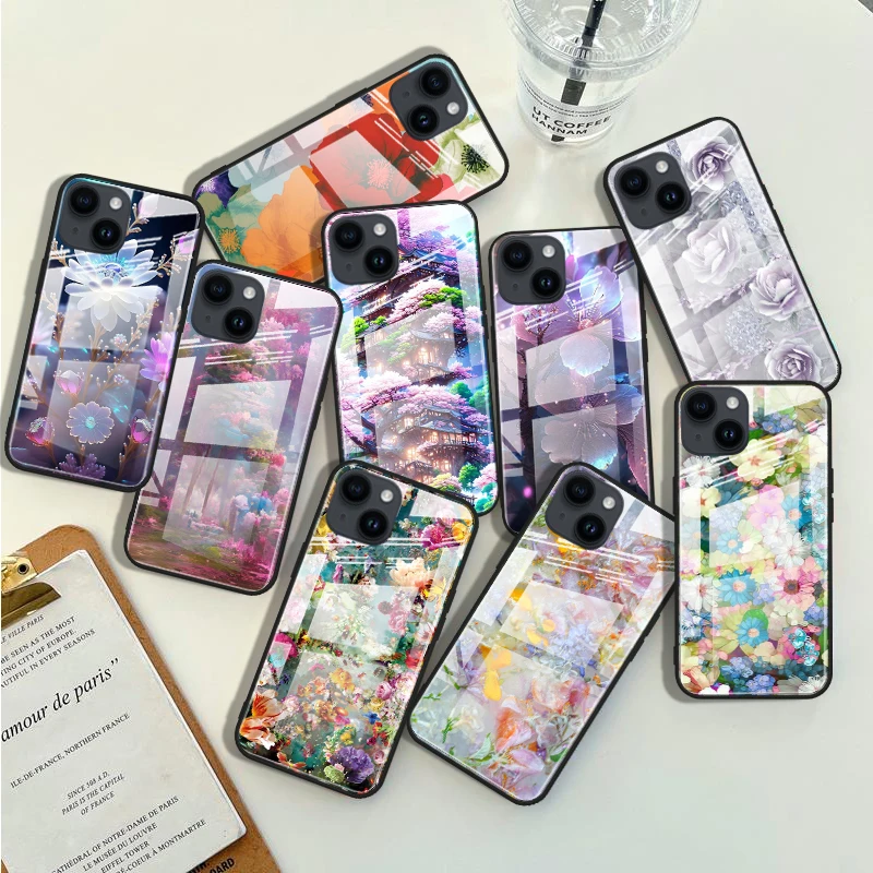 Flower Cute Anime Tempered Glass Phone Case For iPhone 14 13 12 11 X XS XR 8 7 6 Pro Max Mini Plus Cover Coque Capa Fundas