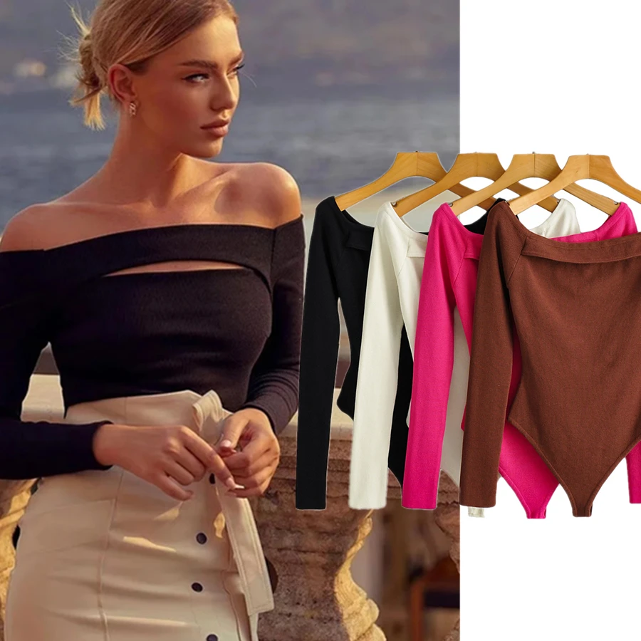 Dave&Di 2023 France Style Vintage Off Shoulder Hollow Out Sexy Office Lady Simple Fashion Knitted Bodysuits Women Tops