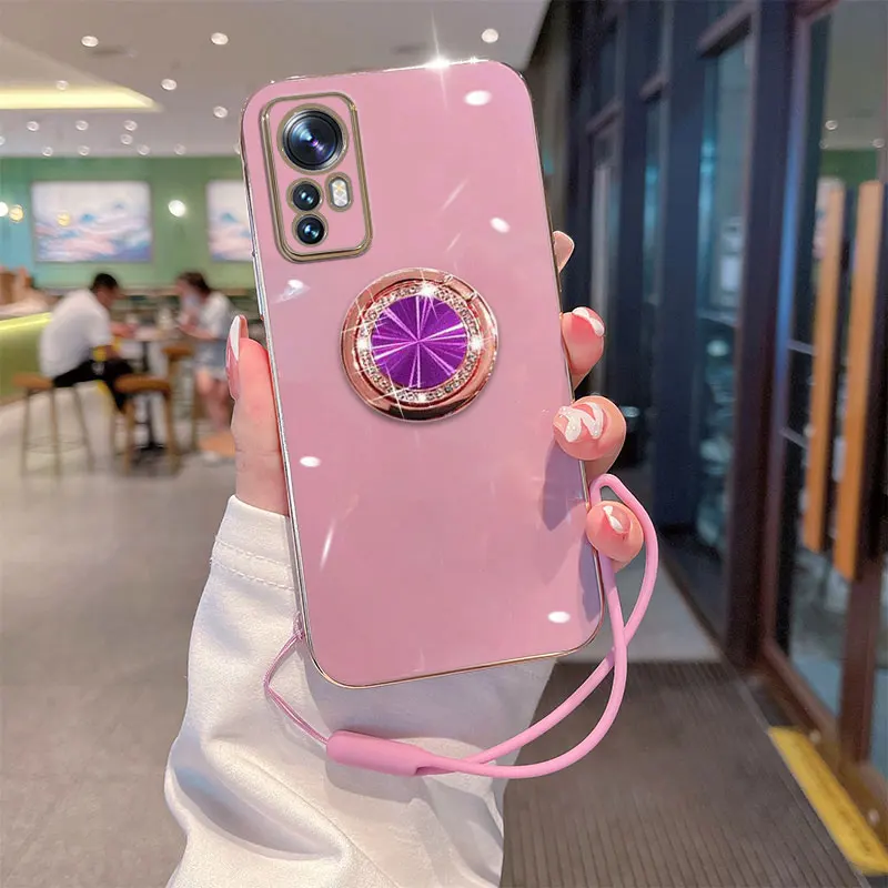 

12Lite Diamond Ring Phone Case For Xiaomi 12 Lite Case Plating Soft Cover For Xiaomi 12 Lite 12T Pro Strap Holder Silicone Cover