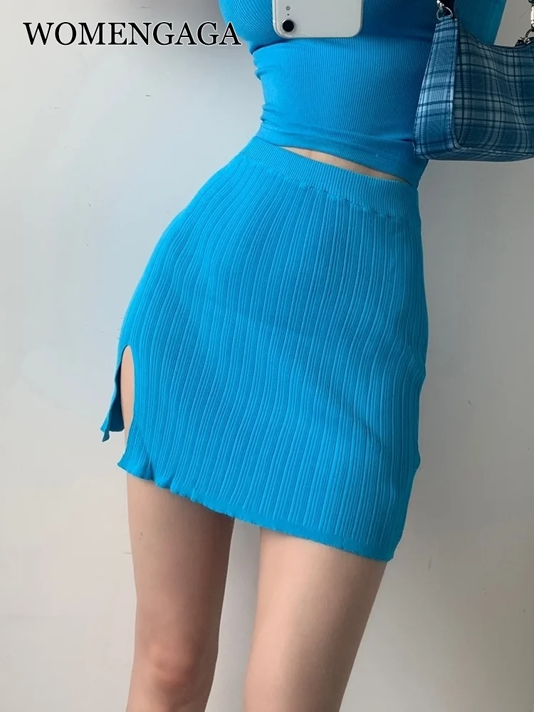 

Женская Летняя трикотажная облегающая тонкая Привлекательная юбка с высокой талией и разрезом, синяя Сексуальная мини-юбка-карандаш для де...