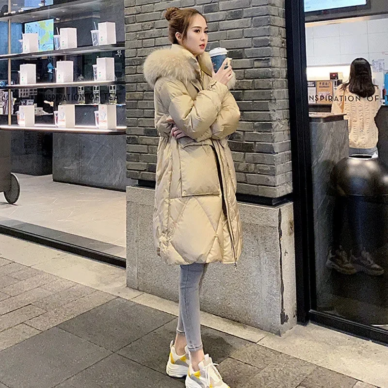 Vintage Long Winter Parka Bright Surface Fleece Warm Down Coat Women's Korean Removable Fur Collar Hooded Padded Cotton Jacket