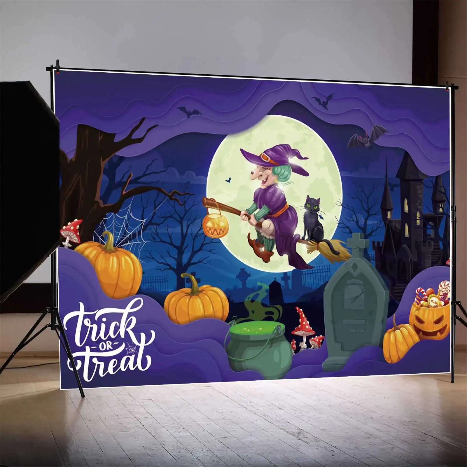 

MOON.QG Backdrop Trick Or Treat Banner Halloween Witcher Broom Cat Background Jack O Lantern Phial Tombstone Castle Photo Booth