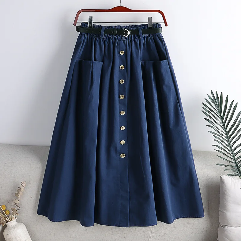 Two Pockets Skirt Women Spring 2023 Autumn Fashion Button Pleated Skirt Female A Line Skirt With Waist Belt