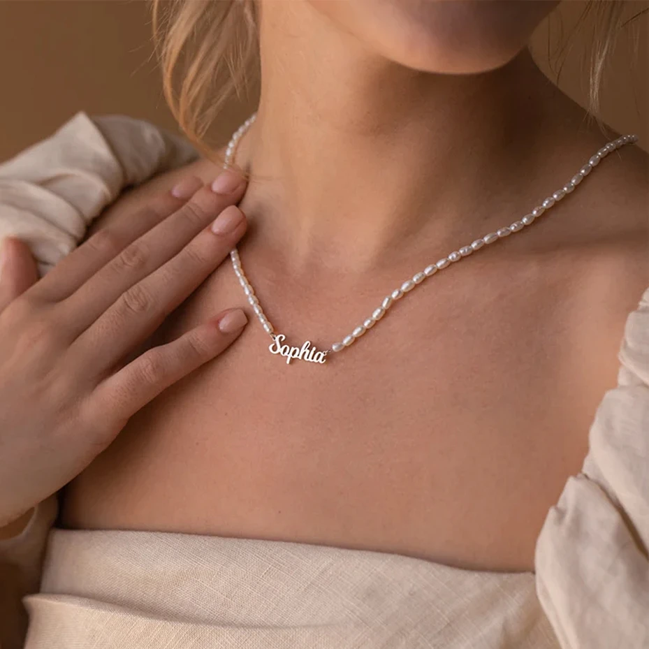 Custom Name White Pearl Chains Necklace for Women Stainless Steel Jewelry Personalised Name Letter Pendant Choker Gift for Mom