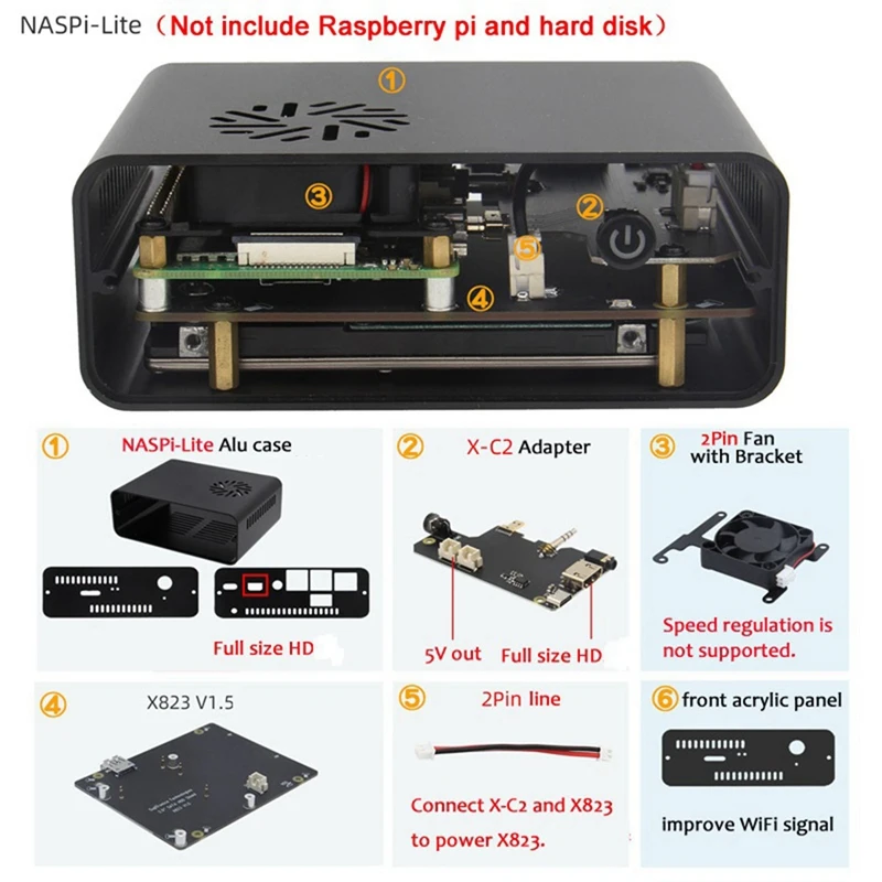 

Naspi Lite Kit+X823 Expansion Board+X-C2 Adapter Board+Case For Raspberry Pie SATA HDD/SSD Hard Disk NAS Storage Server