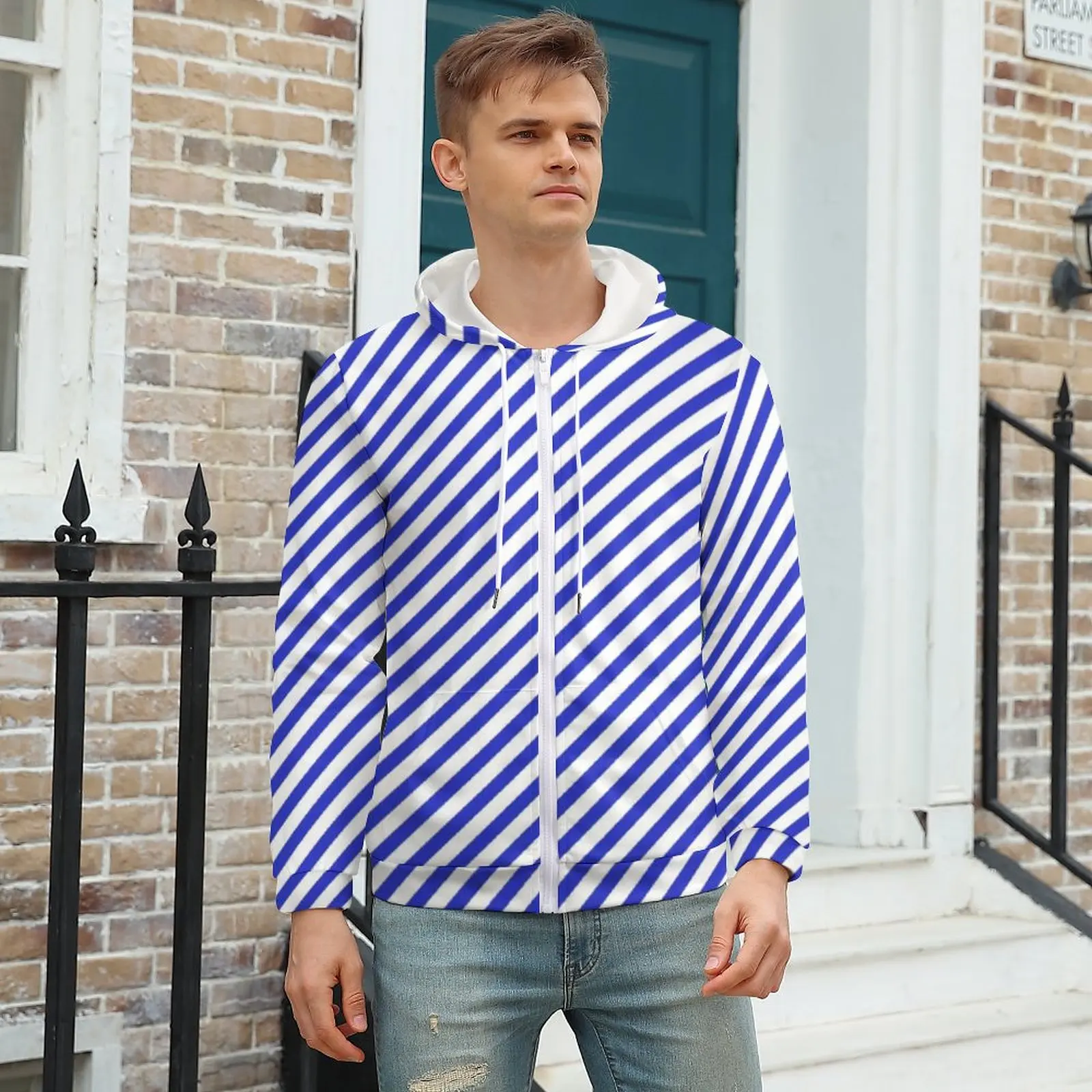 

Diagonal Striped Hoodies Blue And White Stripes Autumn Polyester Hoodie Fashion Zip Up Hoodie Men Big Size