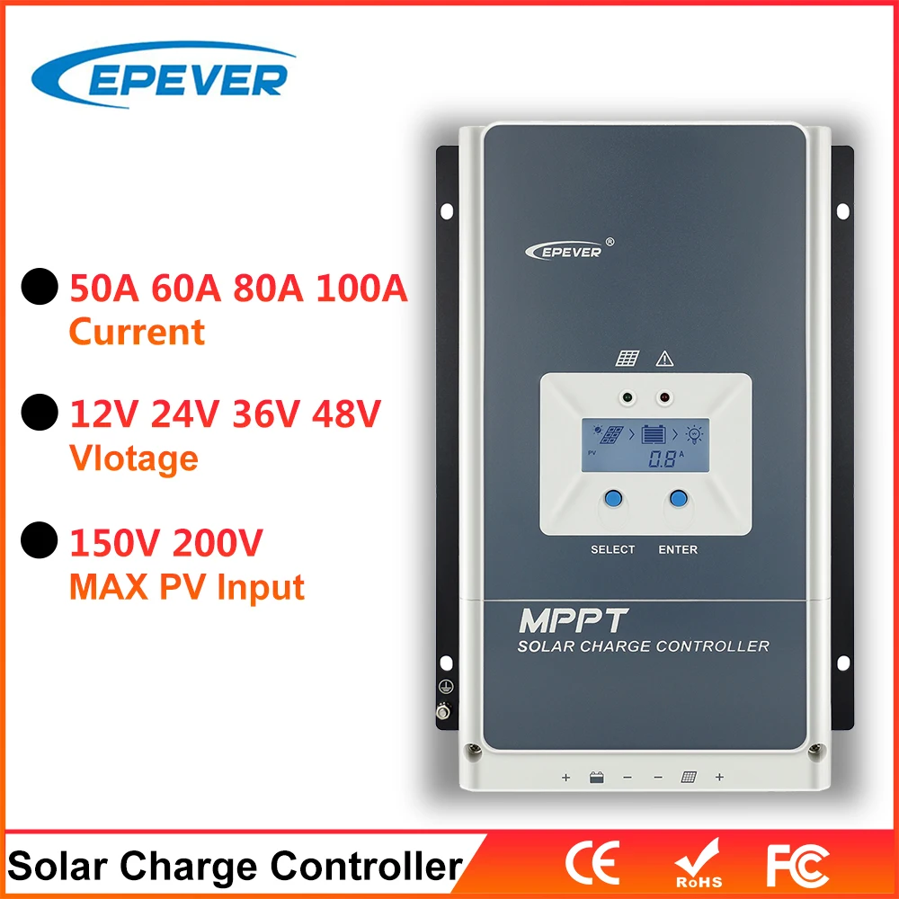 

EPEVER 50A 60A 80A 100A MPPT Solar Charge Controller 12V 24V 36V 48V Auto Battery Regulator Max PV 150V 200V Tracer AN Series