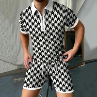 new summer mens vintage tracksuit plaid print turn down collar zipper polo shirt shorts set casual jogging suit two clothing