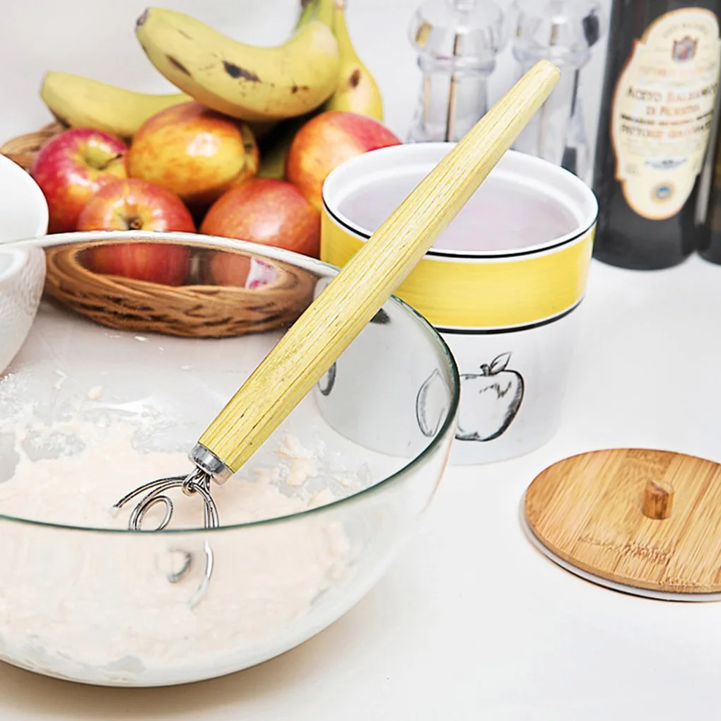 Wooden Handle Egg Beater Dual Ring Design Whisk Stainless Steel Egg Stirrer Mixer Cooking Baking Tool Hot Sale