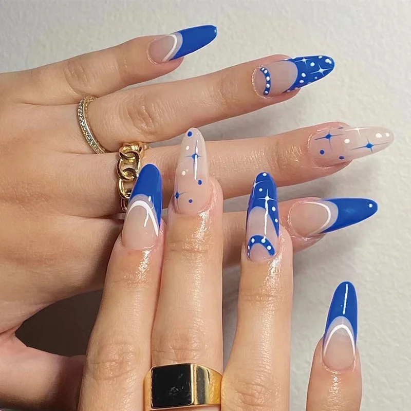 

JP1774 Almond Shaped Star Nails Full Set Blue French Tip Press on Nails with Designs Bulk