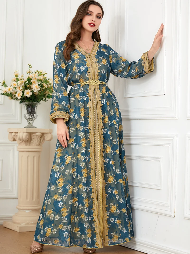 Eid Dress For Woman Muslim Sets Floral Guipure Lace Panel Belted 2pcs Dress Kaftan Dubai Luxury The Charm Of Ramadan in 2023