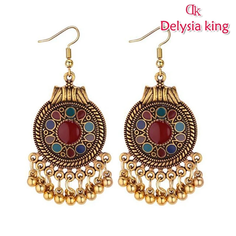 

Delysia King Women Retro National Style Round Metal Ball Fringe Earrings Personality Geometric Tassels Dangle Earring