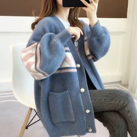 womens soft chenille long sleeve v neck cardigan lady spring autumn loose sweater jacket casual geometric knitting outwear top