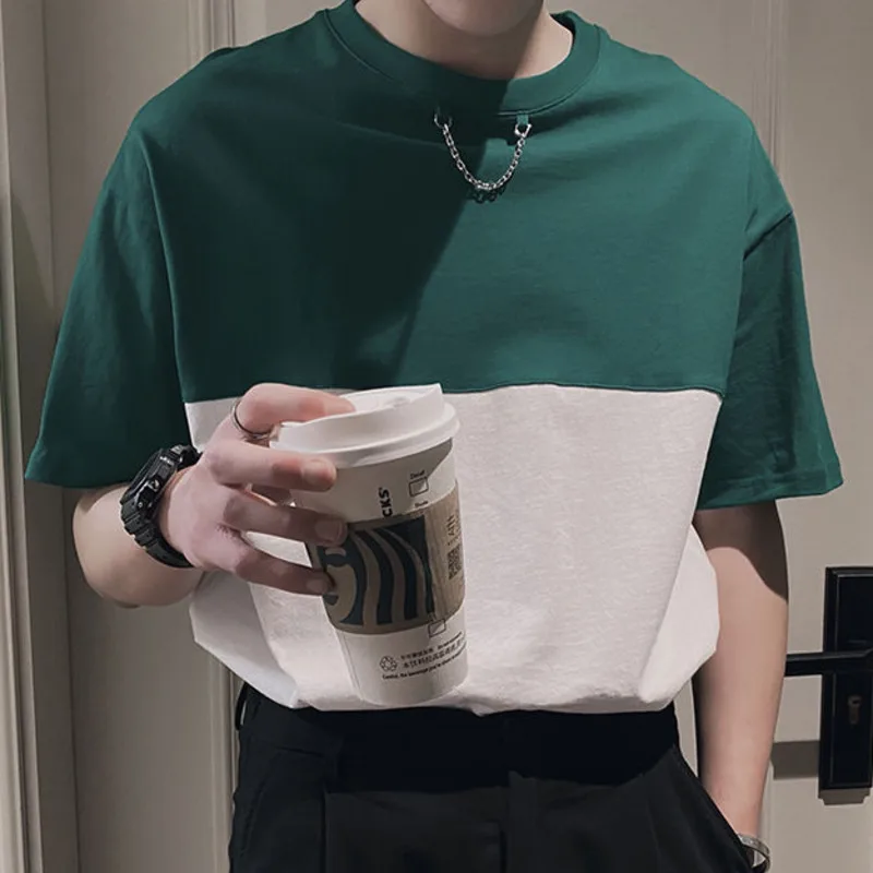 

Мужская Винтажная футболка с коротким рукавом, круглым вырезом и цепочкой