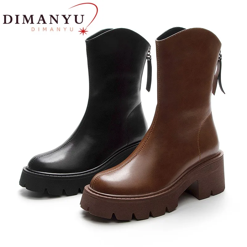 

DIMANYU Chelsea Boots Women Genuine Leather Half Boots Ladies Thick Sole Thick Heel Europe America Winter Cowboy Boots Women