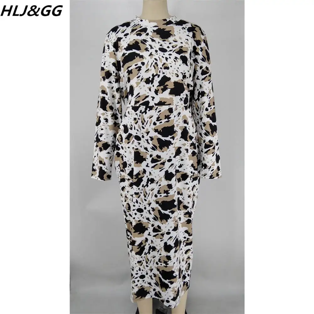 HLJ&GG Fall Winter Plus Size Women Clothing 5XL Casual Round Neck Long Sleeve Leopard Print Mid Dresses Fashion Bodycon Vestidos