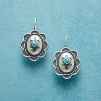 boho metal hand carved flower pattern earrings green stone vintage hook womens earring jewelry