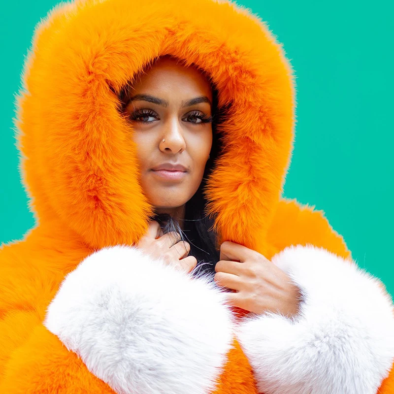 Contrast Color Genuine Hooded Fox Fur Jacket Women Winter High Street Thicken Outertwear Luxury Natural Fox Fur Coat Female