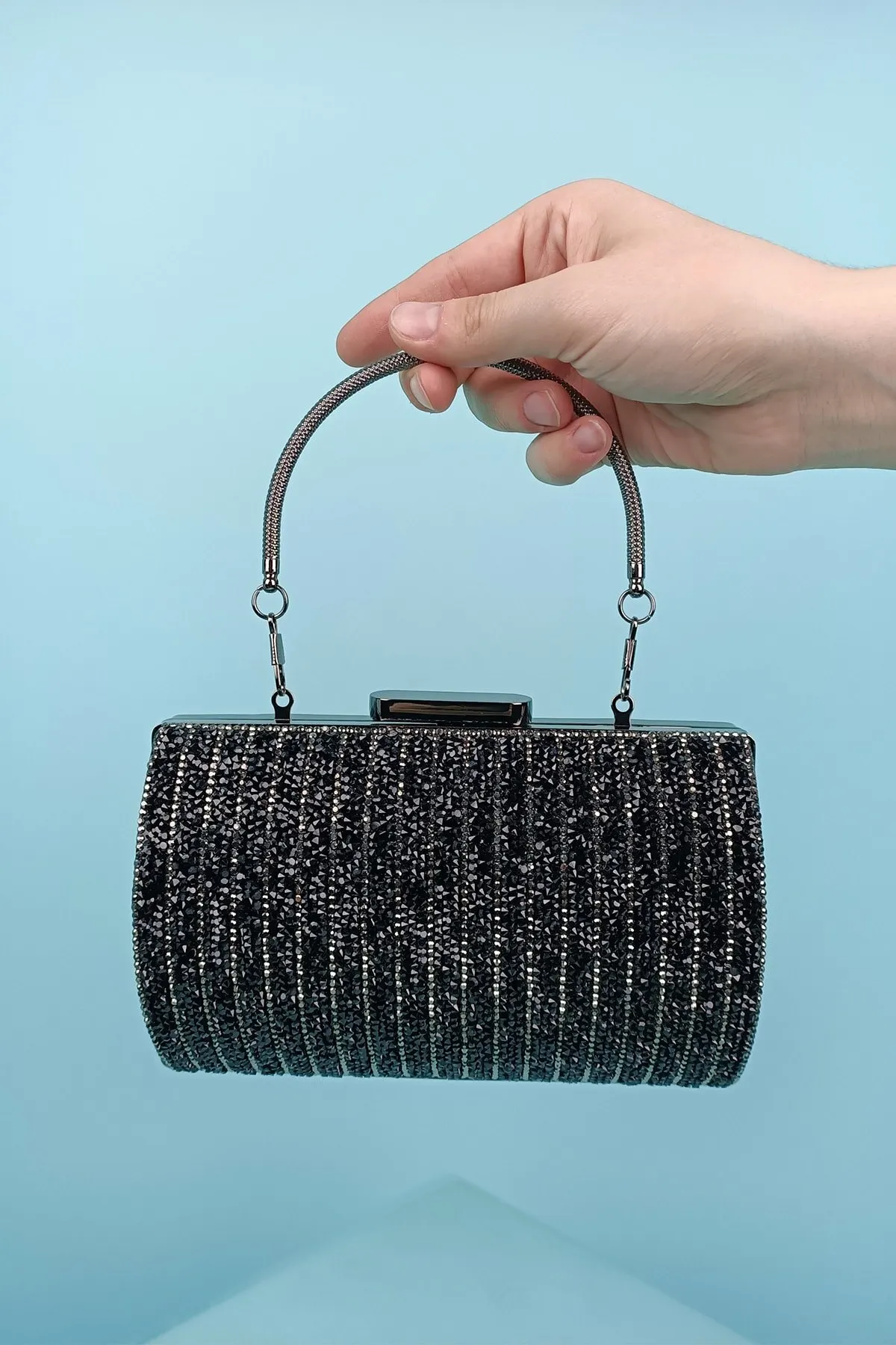 

Women Evening Bag Mother Stone Cylinder Silver Buckle Shoulder Strap Black Hand Invitation Clutch Bags For Wedding Party