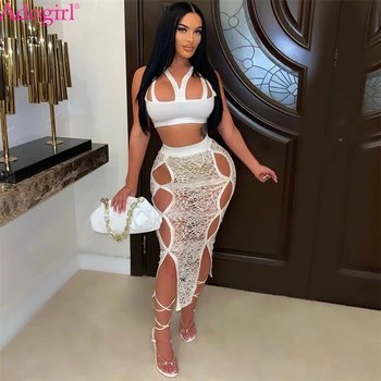 Adogirl Women Sexy Two Piece Set Dress Straps Vest Crop Top See Through Hollow Out Fishnet Mesh Maxi Skirt Clubweear Outfits 1