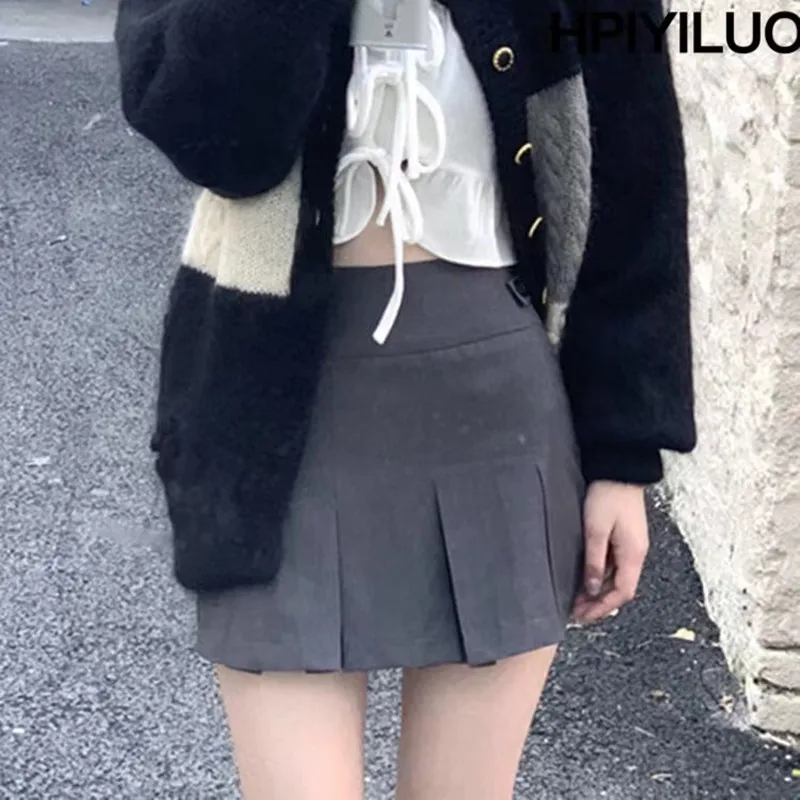 

HPIYILUO Vintage Gray Pleated Skirt Women Kawaii High Waist Mini Skirts Korean Fashion School Uniform Harajuku Streetwear Sprin