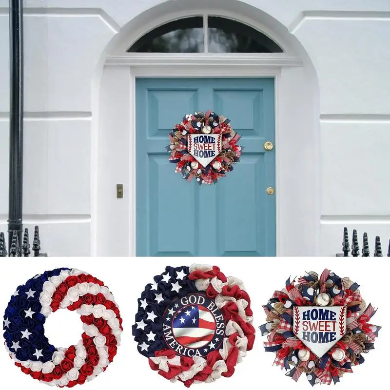 

American Independence Day Wreath Door Sign Decor 4th of July National Day Wreath Door Hanging Rattan Tulip Home Door Decoration
