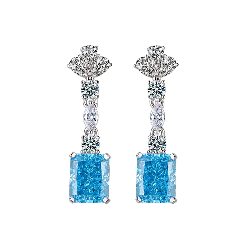 New fashion trend S925 silver inlaid 5A zircon ladies geometric personality aquamarine earrings