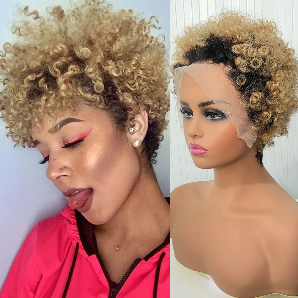 DreamDiana 10A 100% Human Hair Ombre Blond Curly 13x4 Frontal Lace Wigs 2 Tone Twist Remy Brazilian Afro Curly Lace Front Wigs