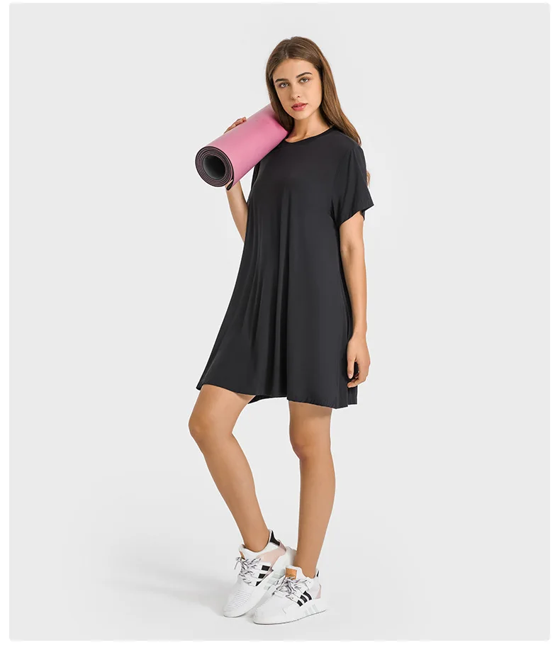 Luluwomen's T-shirt Crop Top Yoga Gym Tennis Fitness Sport Short Sleeve Outdoor Jogging Leisure Loose Pleated Womens Dresses