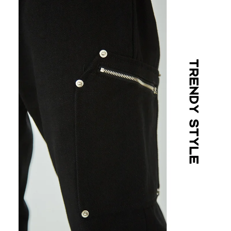 Streetwear Men 2022 New Pattern  Black Casual Pants Multiple Pockets Zipper Straight Cylinder Comfortable Jeans Autumn Female