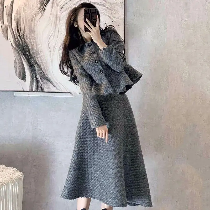 New 2022 Woman Solid Fashion Skirt Suit Female Long Sleeve Coats and A Line Pocket Buttons Skirt Ladies Skirt Two Piece Set G265