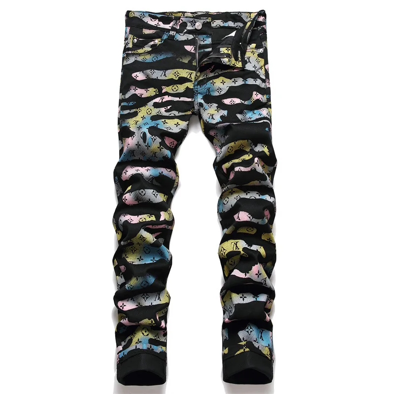 

Джинсы мужские зауженные в стиле хип-хоп, дизайнерские модные брюки из денима с разноцветным принтом, байкерские повседневные брюки-карго, ...