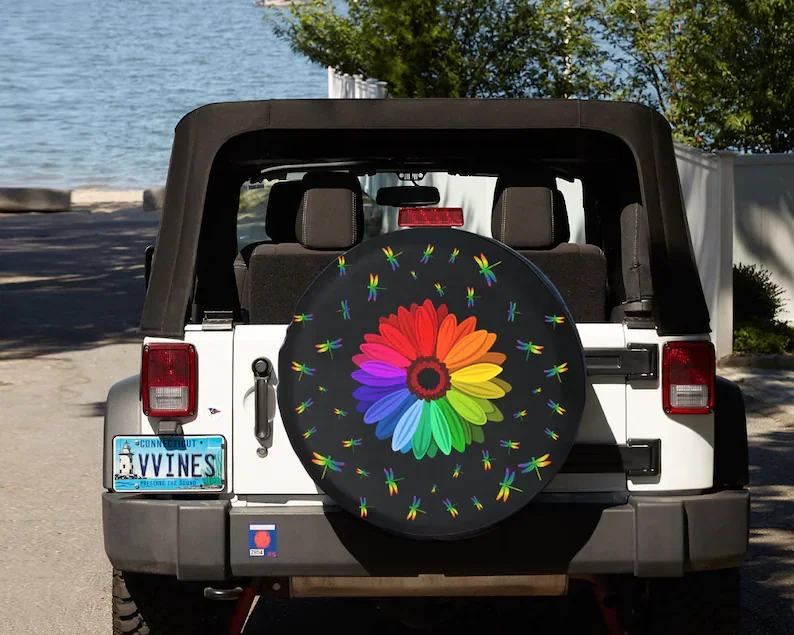 

Sunflower, Sunflower with dragonfly Spare Tire Cover, Full Color, Car Accessories, Spare Tire Cover, Birthday gift, Sunflower Lo