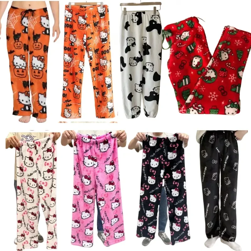

Halloween Hello Kitty Pajama Pumpkin Pattern Pants Sanrio Fleece Double Elastic Fabric Soft Straight Leg Pants For Women Gift
