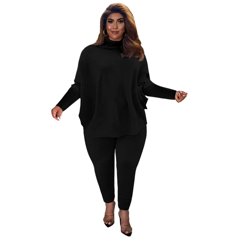 

Plus Size Clothing Sets Two Piece Women Casual Solid Color Batwing Sleeve Split Fork Loose Top Fashion Pants Suits Wholesale