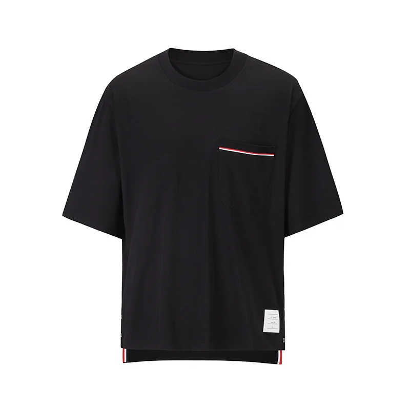 

TB THOM Men T-Shirt 2022 New Arrival Summer Luxury Brand Top Cotton Striped Pocket Black Solid Tees Harajuku Oversized t-shirt
