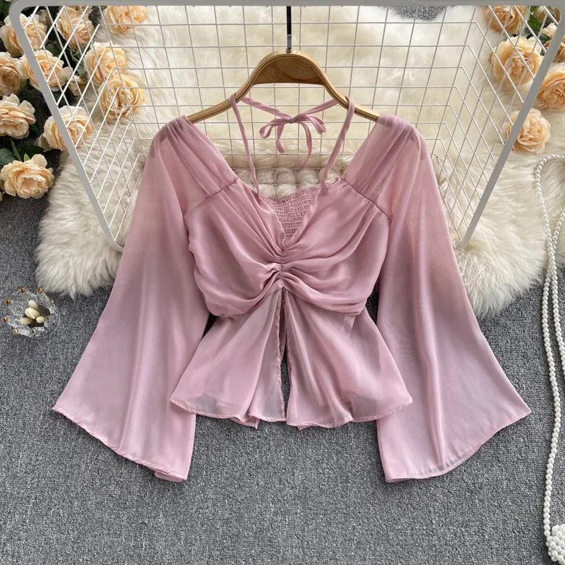 

2022 spring new version slim chiffon shirt drawstring design sweet top female blusas mujer de moda 2022